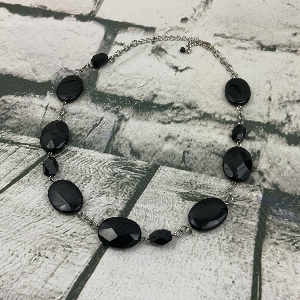 Beaded Necklace Silver Toned Chain Large Black Faceted Oval Beads Vintage MCM